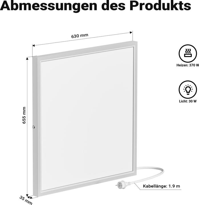 Produktbild Wiltec Infrarot Deckenheizung 370W 65,5x63x3,5cm Infrarotheizung LED Heizung (370 W)