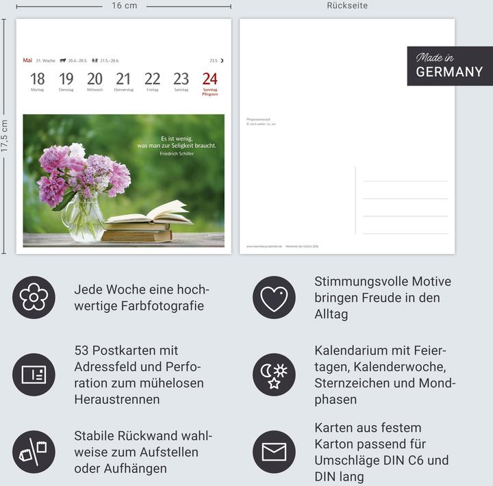 Produktbild Harenberg Momente des Glücks Postkartenkalender 2026 - Wochenkalender mit Zitaten, mit 53 Postkarte (Harter Einband, Deutsch)