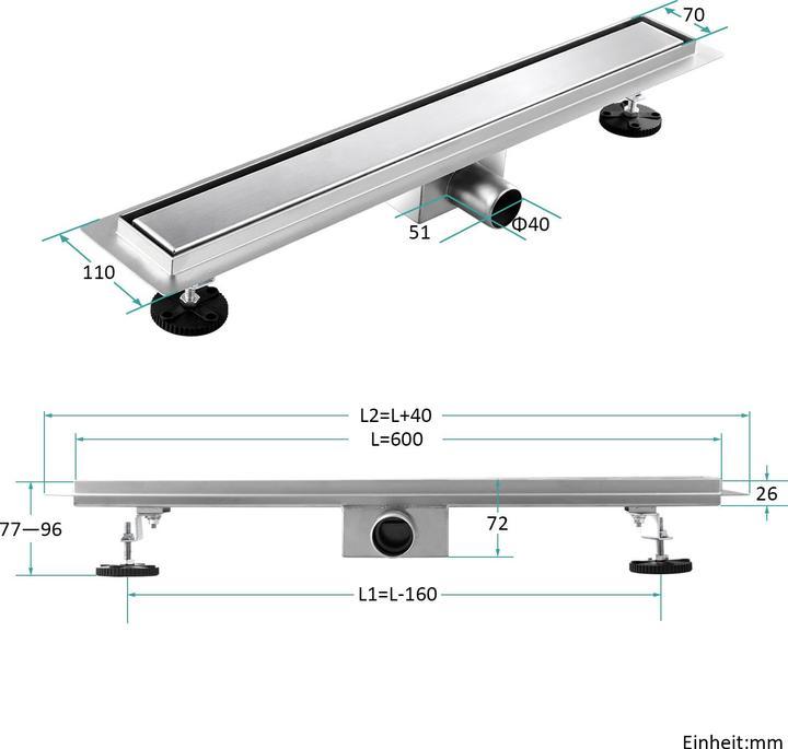 Actual product image Emke Duschrinne Edelstahl, Bodenablauf Komplettset Siphon mit Geruchsstop, Haarsieb, 600cm (600 mm)