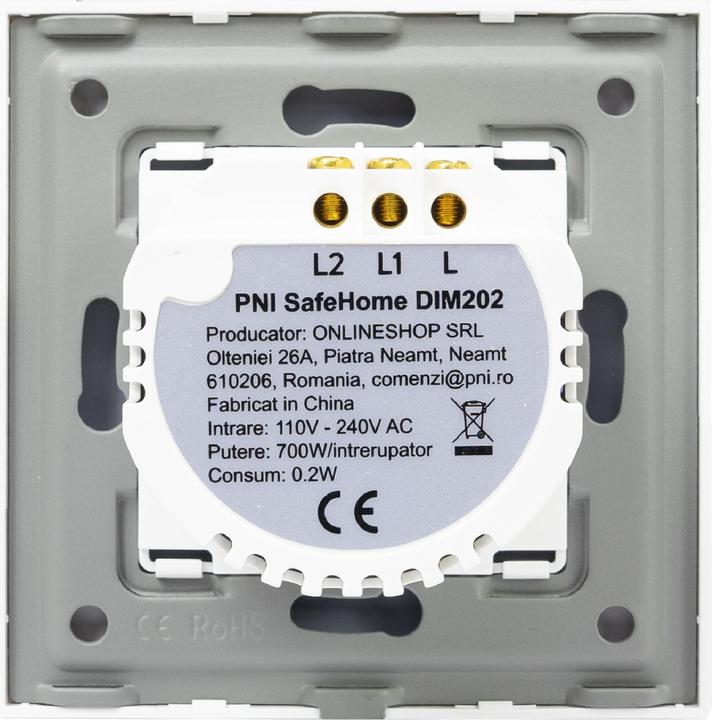 Produktbild PNI Doppelschalter mit Touch und Dimmer SafeHome DIM202, 2X700W, Live Wire, ohne Null, Glas