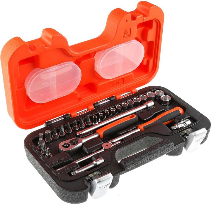 Produktbild Bahco 1/4"-Steckschlüssel-Satz, metrisch, Sechskant, inklusive Umschaltknarre und Schraubendreher-Einsät (12 mm, 10  mm, 11 mm, 13 mm)