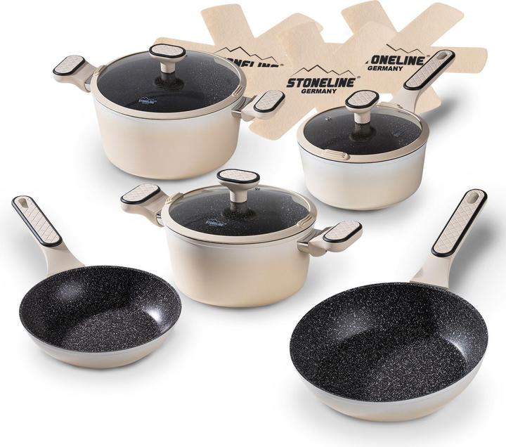 Stoneline ® Creme Kochgeschirr-Set 11-teilig mit Deckeln, beschichtete Töpfe & Pfannen (Pan set + pot set, Ceramic)