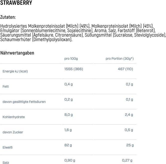 Valeurs nutritives et ingrédients Dymatize ISO 100 Hydrolysé (Fraise, 1 pcs, 932 g)