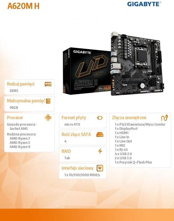 Immagine prodotto Gigabyte MB A620M H (A620,AM5,mATX,AMD) (AM5, AMD A620, mATX)