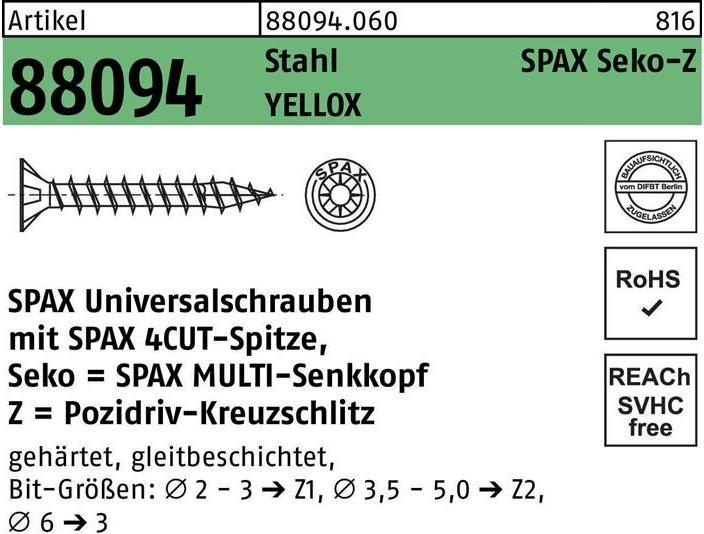 Image du produit Spax Vis R 88094 tête fraisée avec pointe/croix -PZ 4,5 x 40/34-Z acier électrozingué jaune (200 Vis par pièce)