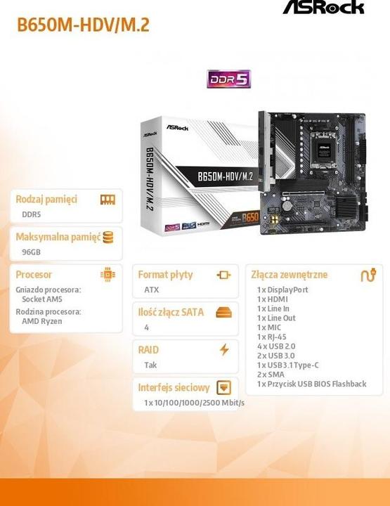 Immagine prodotto AsRock B650M-HDV/M.2 AM5 al dettaglio (AM5, AMD B650, mATX)