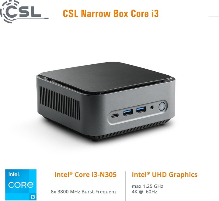 Immagine prodotto CSL Mini PC Narrow Box Core i3 / 32GB / 1000 GB M.2 SSD / Win 11 Home (Intel Core i3-N305, 32 GB, 1000 GB, Grafica Intel UHD)