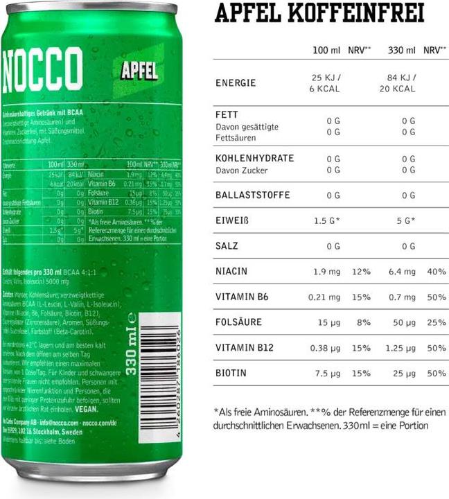 Valeurs nutritives et ingrédients Nocco Bcaa+ Les Acides Aminés (Pomme, 1 x)