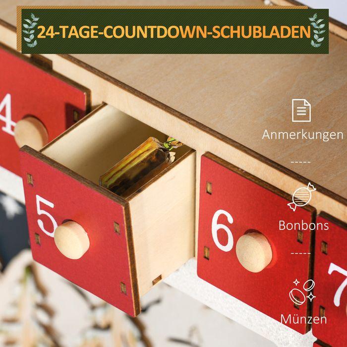 Produktbild Swisshandel24 Adventskalender Weihnachtskalender 24 Schubladen mit LED-Lichtern MDF Rot