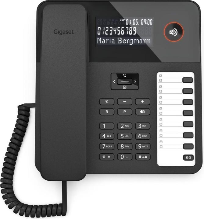 Actual product image Gigaset DESK 600 black corded desk and wall phone 7 direct dial keys phone book Hearing aid compatib