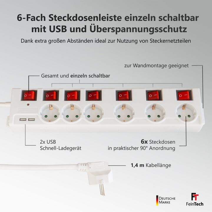 Actual product image FeinTech MD000652 6-Fach Steckdosenleiste einzeln schaltbar mit 2x USB (6 x)