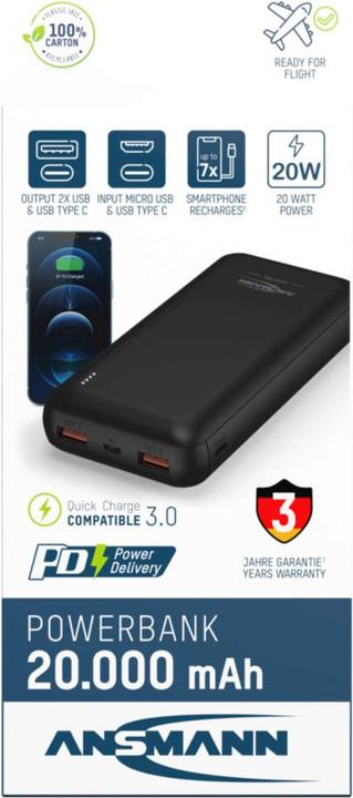 Produktbild Ansmann Powerbank 20.000 mAh PB320PD USB-C Ein/Ausg (20000 mAh, 20 W, 74 Wh)