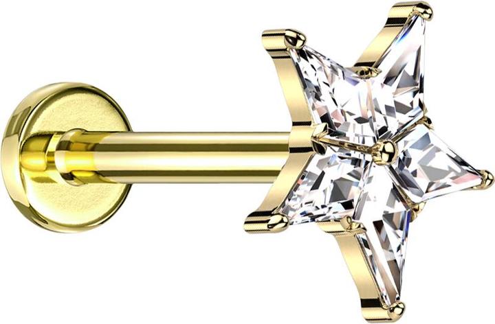Star Piercing Micro Labret Innengewinde vergoldet Stern silber Kristalle silber (Titan G23, ohne Messing)
