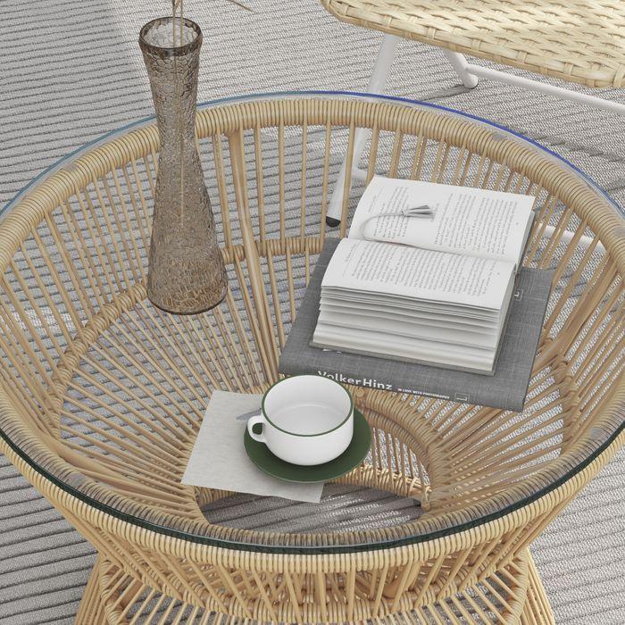 Produktbild Swisshandel24 Beistelltisch Rattan, Ø60 cm Couchtisch Gartentisch mit Tischplatte aus Hartglas, Balkontisch im Boh
