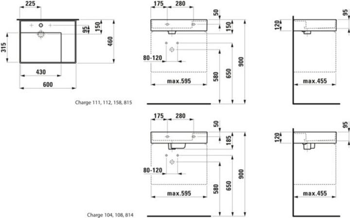 Produktbild Laufen Kartell Waschtisch, ohne Hahnloch, ohne Überlauf, Ablage rechts, 600x460mm, H810334 (1150 mm, 600 mm)