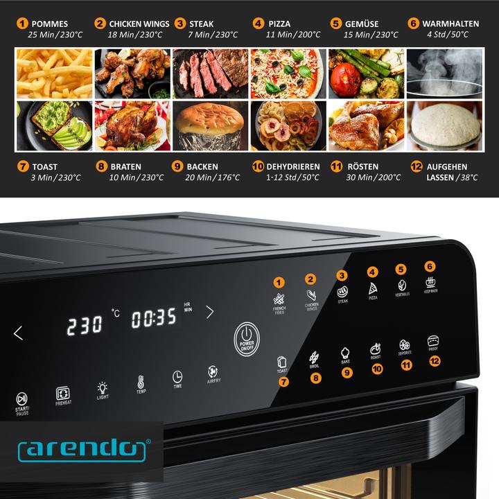Produktbild Arendo Minibackofen Airfryer 25L Edelstahl Multifunktionsofen, XXL Heissluftfritteuse 1800W, mit Backpapier (CH-Stecker)