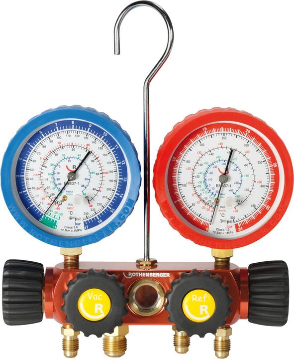 Rothenberger Analoges 4-Wege-Manometer-Set, inkl. Schläuche mit Kugelhahn für R410A und R32.