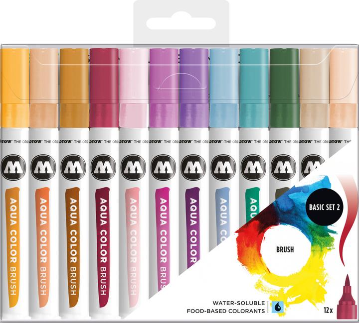 Molotow Aqua Color Brush (Brush Pen Marker Basic-Set 2, Pinsel Spitze für Aquarellieren und Handlett (12 Farben, 12 x)