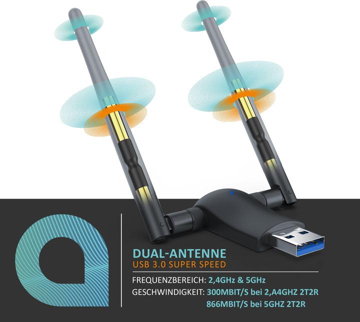 Produktbild Aplic WLAN Stick, WIFI Dongle USB 3.0, 1200 MBit/s Dual Band 2,4 + 5 Ghz externe Antennen (USB)
