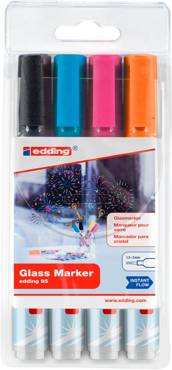 Produktbild Edding Glassboardmarker-Set (Pink, Schwarz, Orange, Hellblau, 3 mm, 4 x)