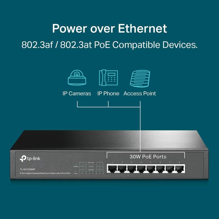Immagine prodotto TP-Link TL-SG1008MP - Switch - non gestito - 8 x 10/100/1000 (PoE+) - desktop, montabile su rack - PoE+ ( (8 Porti)