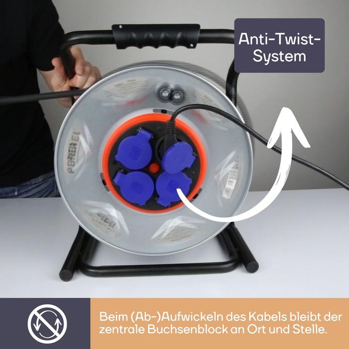Actual product image Velleman PROFESSIONAL NEOPRENE CABLE REEL WITH ANTI-TWIST SYSTEM - 25 m - 3G2.5 - 4 SOCKETS - FRENCH SOCKET (25 m, 2.50 mm²)