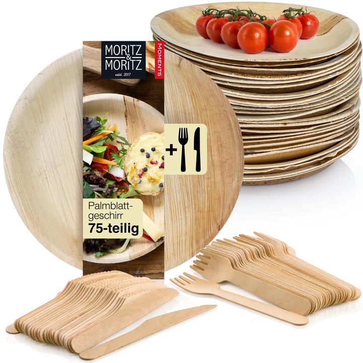Produktbild Moritz & Moritz 75tlg. Palmblatt Geschirr Rund 20 cm Ã˜ inkl. Besteck Einweg