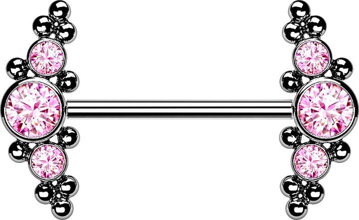 Star Piercing Threadless Barbell silber front mittig mit Kugeln und drei Kristalle pink (ohne Messing, Titan G23)