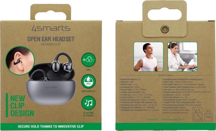 Productafbeelding 4smarts Open-Ear-Kopfhörer SkyBuds Clip Grau, Detailfarbe: Grau (NC, 28 h, Draadloze)