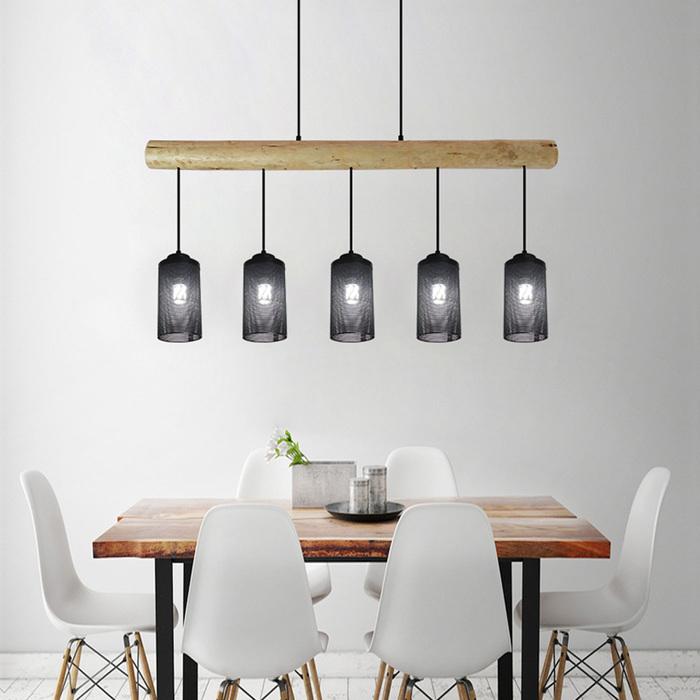 Produktbild Swisshandel24 Hängelampe, Industrial Vintage Massiv-Holz Metall schwarz - 5 Rohrlampenschirme (E27)