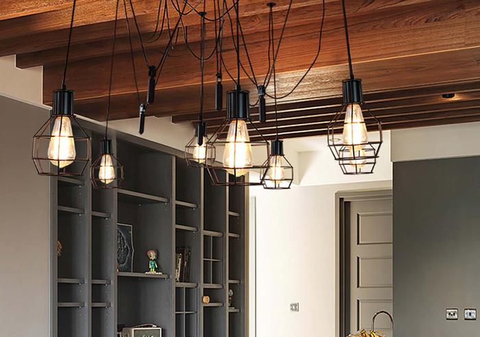 Actual product image Swisshandel24 Pendant Lamp Hanging Lamp, Industrial Metal Height Adjustable Black - 7x Lattice Lamps (E27)