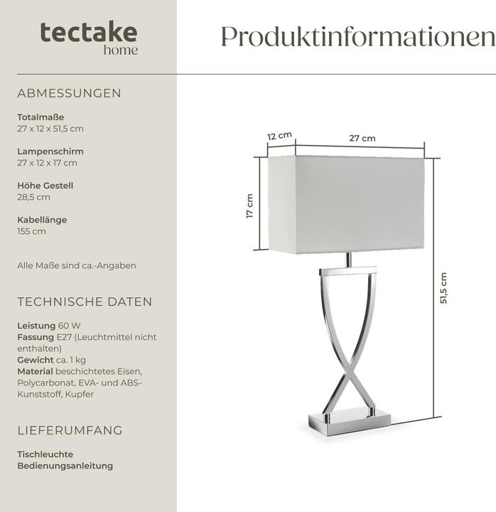 Image du produit tectake lampe de table Avina, design moderne, 60W (E27)