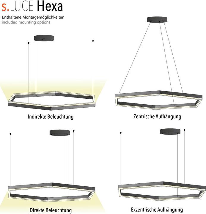 Produktbild s.luce Hexa eckige LED-Pendelleuchte Esstisch Direkt oder Indirekt (3100 lm)