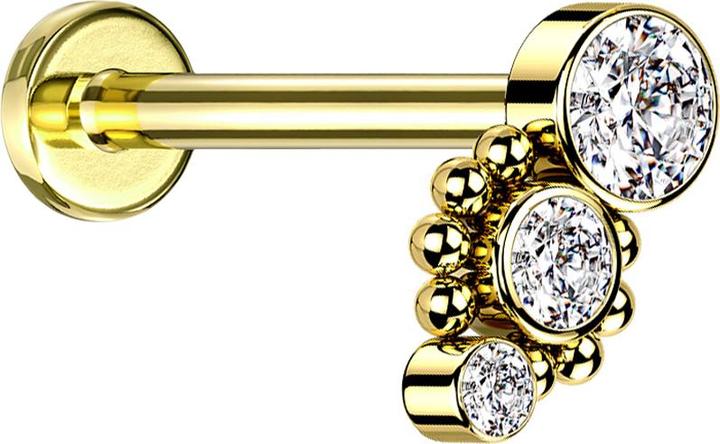 Star Piercing Micro Labret Innengewinde vergoldet acht Kugeln drei Kristalle silber (ohne Messing, Chirurgenstahl 316L)