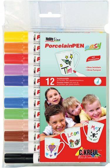 Produktbild Kreul Porzellanmarker "PorcelainPEN easy" Set (Rosa, Braun, Schwarz, Orange, Creme, Gelb, Grau, Violett, Dunkelblau, Dunkelgrün, Hellblau, Kirschrot, 3 mm, 12 x)