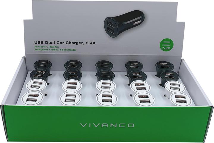 Produktbild Vivanco KfZ-Ladegeraet mit 2xUSB, 12W, 2.4A, 20er Display, farblich sortiert