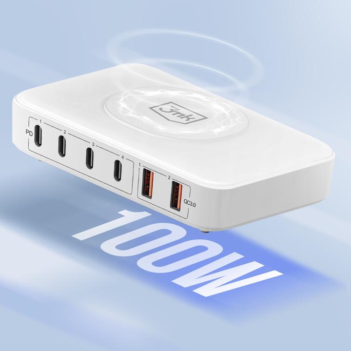 Produktbild 3MK Hyper Charger PowerMax 100W 4xUSB-C + 2xUSB-A stacja ładująca z ład. indukcyjną QC+PD (100 W)