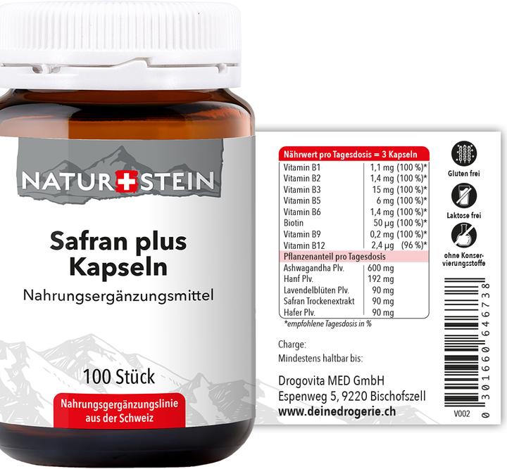 Nutritional values and ingredients Naturstein Saffron plus (100 Piece, Capsules, 147 g)