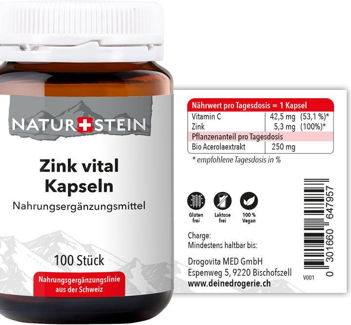 Nährwerte und Zutaten Naturstein Zink Vital (100 Stück, Kapseln, 135 g)