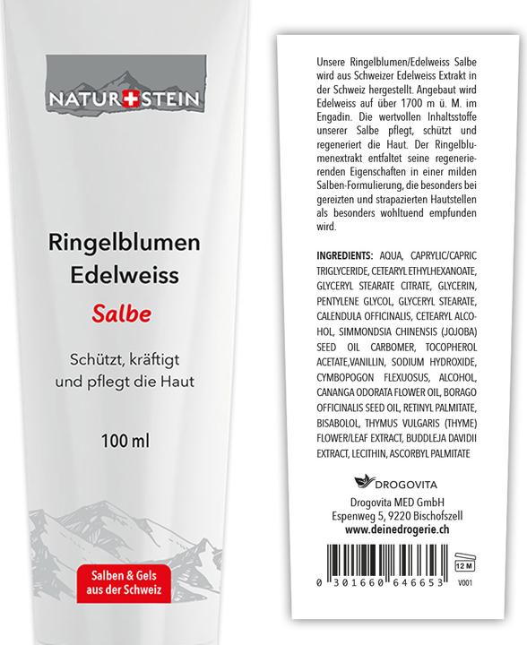Valeurs nutritives et ingrédients Naturstein Ringelblumen Edelweiss Salbe (Crème pour le corps, 100 ml)