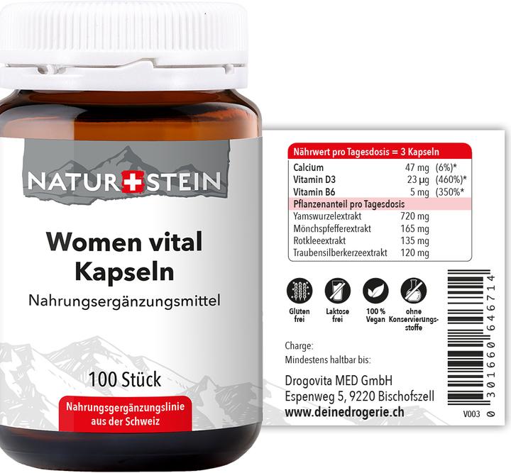 Valori nutrizionali e ingredienti Naturstein Donne vitali (100 Pezzo/i, Pillole, 158 g)