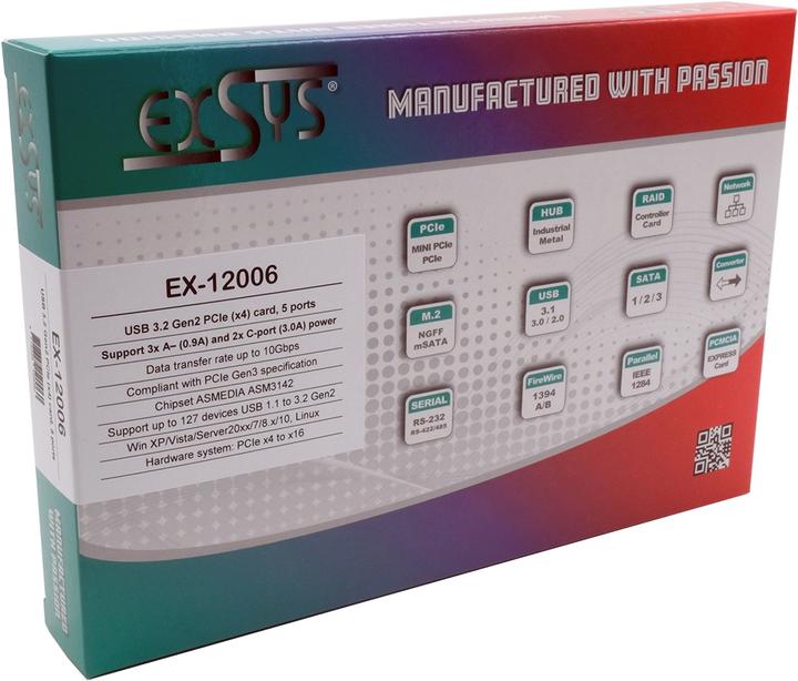 Actual product image Exsys GmbH USB 3.2 Gen2 PCIe (x2) card with 5 ports (3A+2C connections)