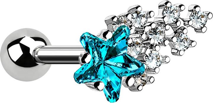 Star Piercing Micro Barbell silber mit Kugel und Sternschnuppe aqua (Chirurgenstahl 316L, Messing)