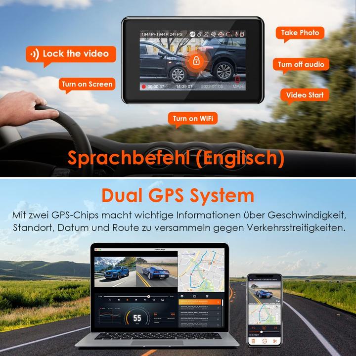 Produktbild Vantrue E2 Dual 1944P Dashcam (Eingebautes Mikrofon, Nachtsicht, Eingebautes Display)