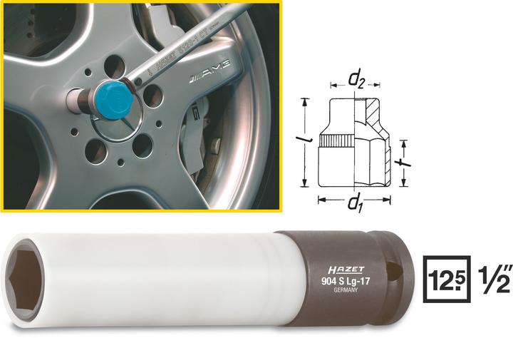 HAZET Impact socket ∙ hexagon ∙ extra long 904SLG-17 ∙ Square, hollow 12.5 mm (1/2 inch) ∙ Outside … (17 mm)