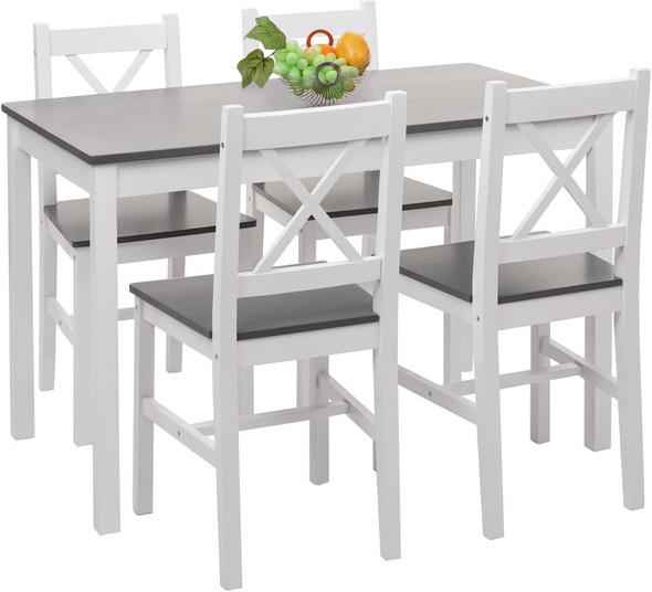 Produktbild Swisshandel24 Esszimmer-Set HWC-F77, Sitzgruppe Esszimmergruppe, Massiv-Holz Landhaus 110cm weiss-grau