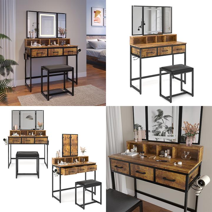 Produktbild Vichy Schminktisch Fyrk, Eiche rustikal, 90 cm mit Hocker und LED-Spiegel (90 x 40 x 137.5 cm)