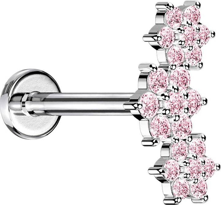 Star Piercing Micro Labret Innengewinde silber drei Blumen Kristalle pink (Chirurgenstahl 316L, Messing)