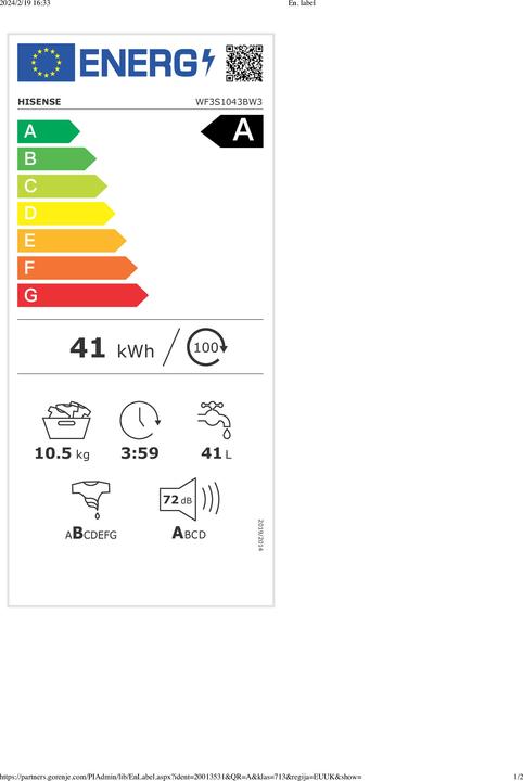 Etichetta energetica Hisense WF3S1043BW3 (10.50 kg, A sinistra)