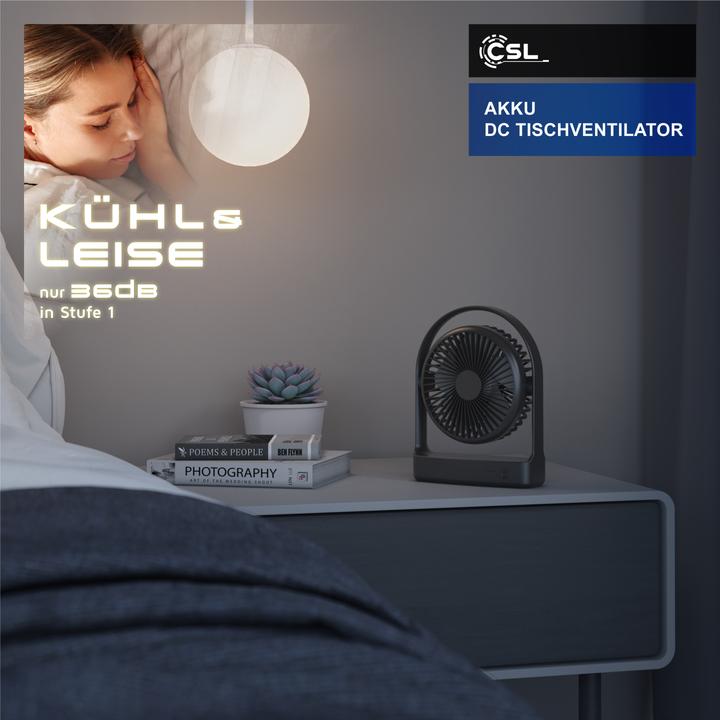 Produktbild CSL Akku Tischventilator, sehr leise, USB Mini Desk Fan, Schreibtischventilator, mobiler Lüfter DC Motor (46.40 dB)